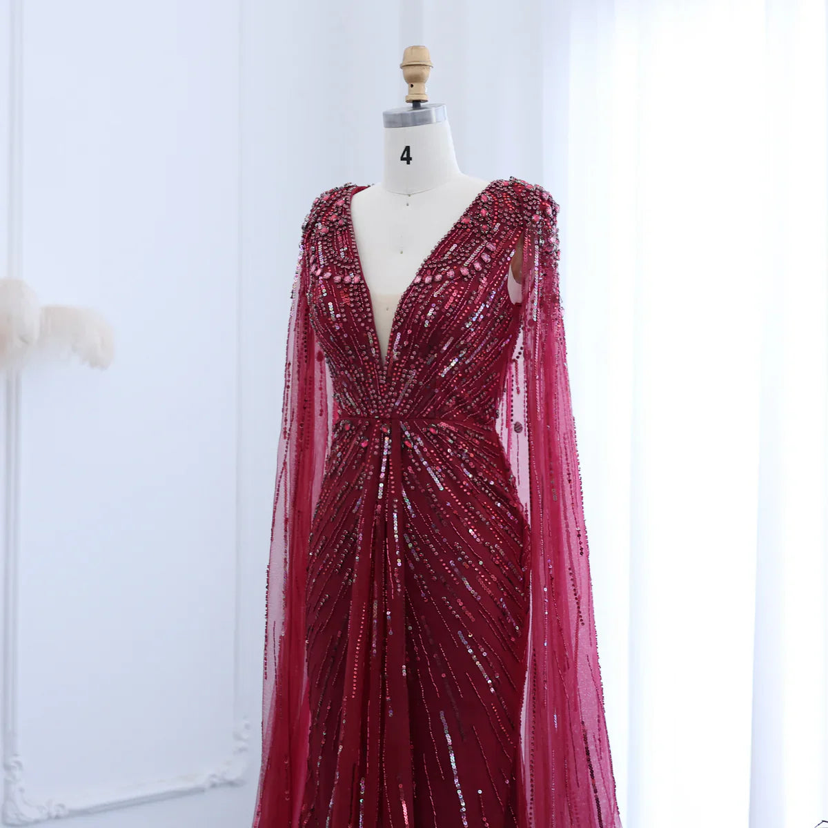 Luxury Dubai Sage Green Evening Dresses with Cape Fuchsia Crystal Gold Elegant Women Wedding Formal Party Gown SS399