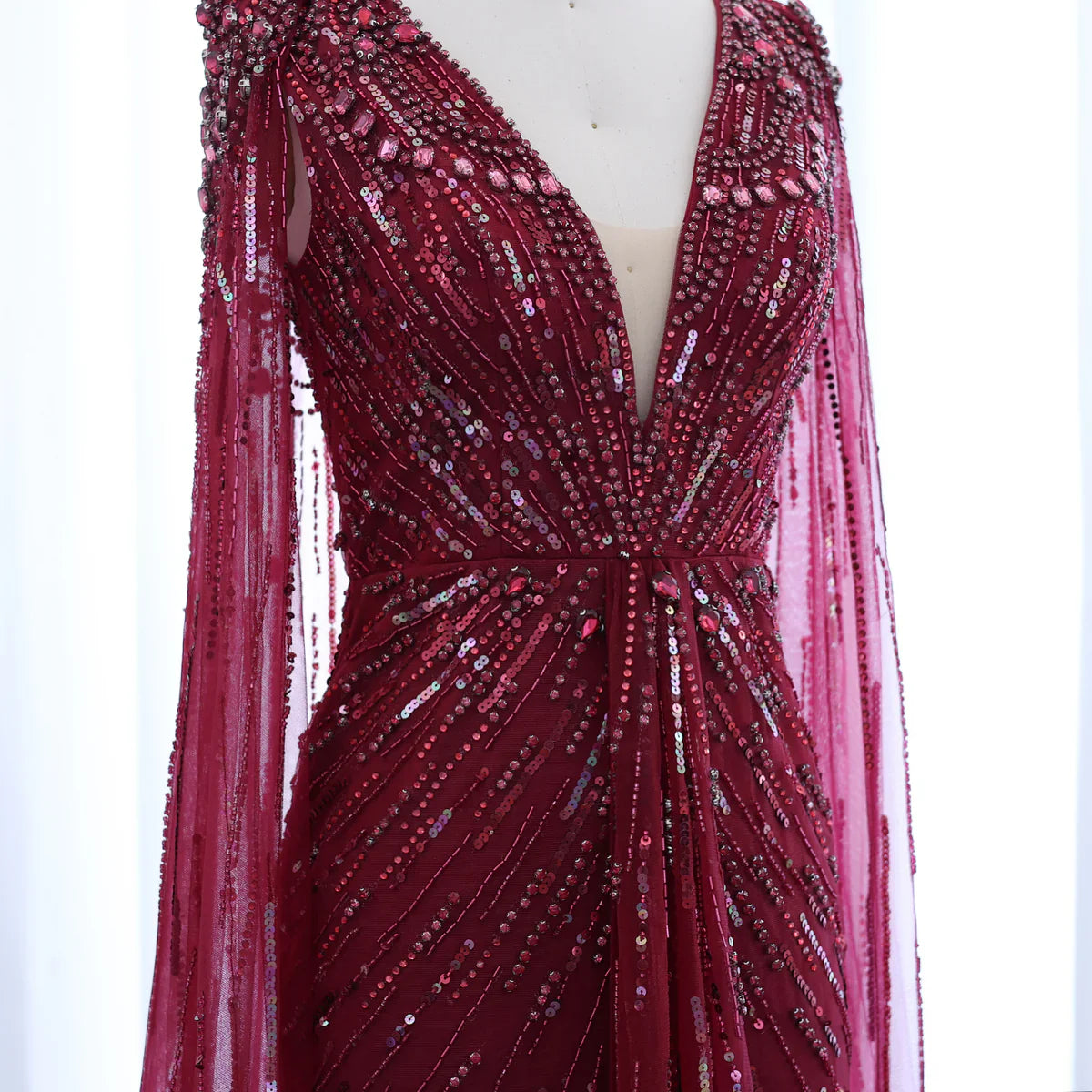 Luxury Dubai Sage Green Evening Dresses with Cape Fuchsia Crystal Gold Elegant Women Wedding Formal Party Gown SS399