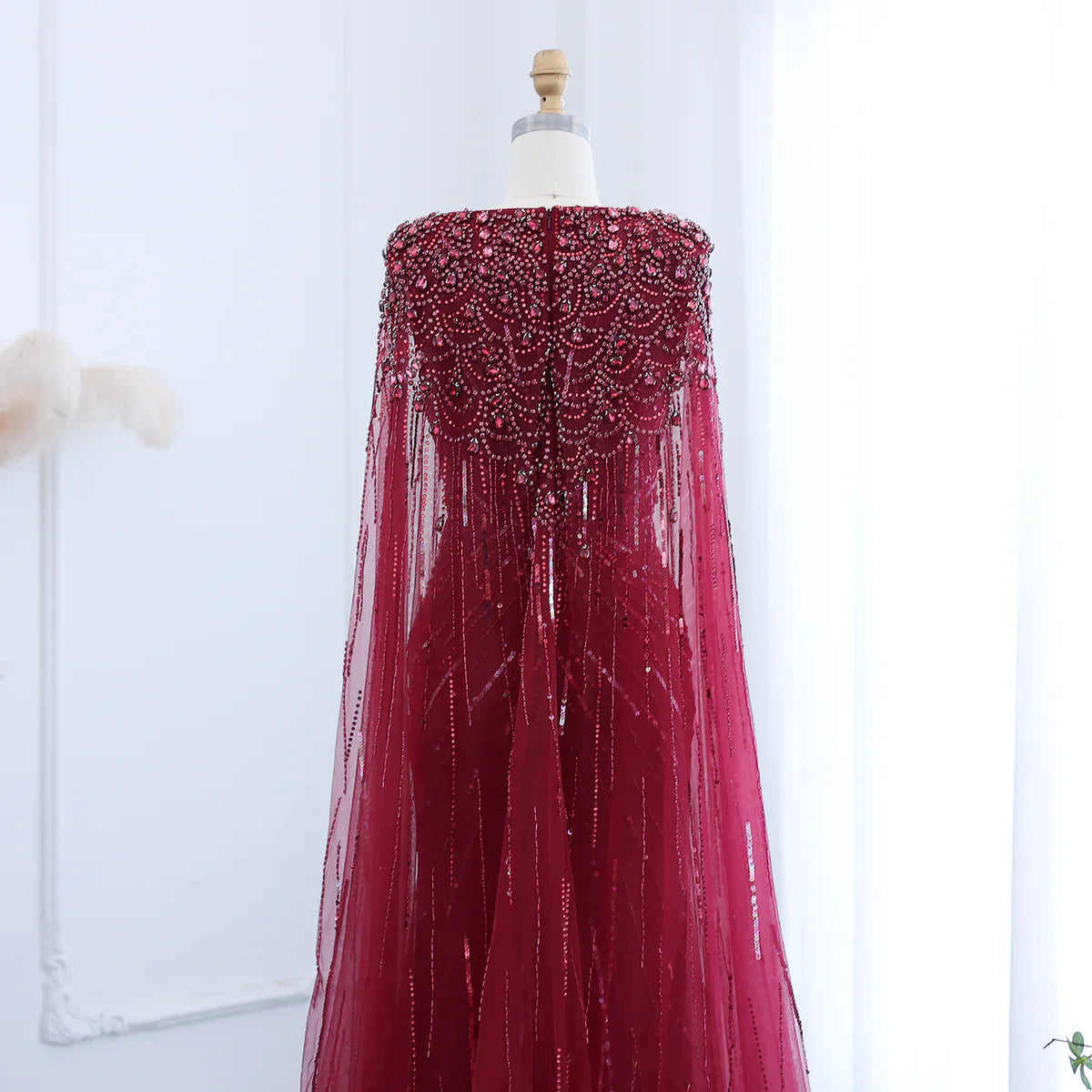 Luxury Dubai Sage Green Evening Dresses with Cape Fuchsia Crystal Gold Elegant Women Wedding Formal Party Gown SS399
