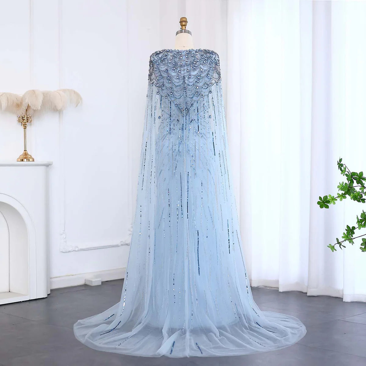Luxury Dubai Sage Green Evening Dresses with Cape Fuchsia Crystal Gold Elegant Women Wedding Formal Party Gown SS399