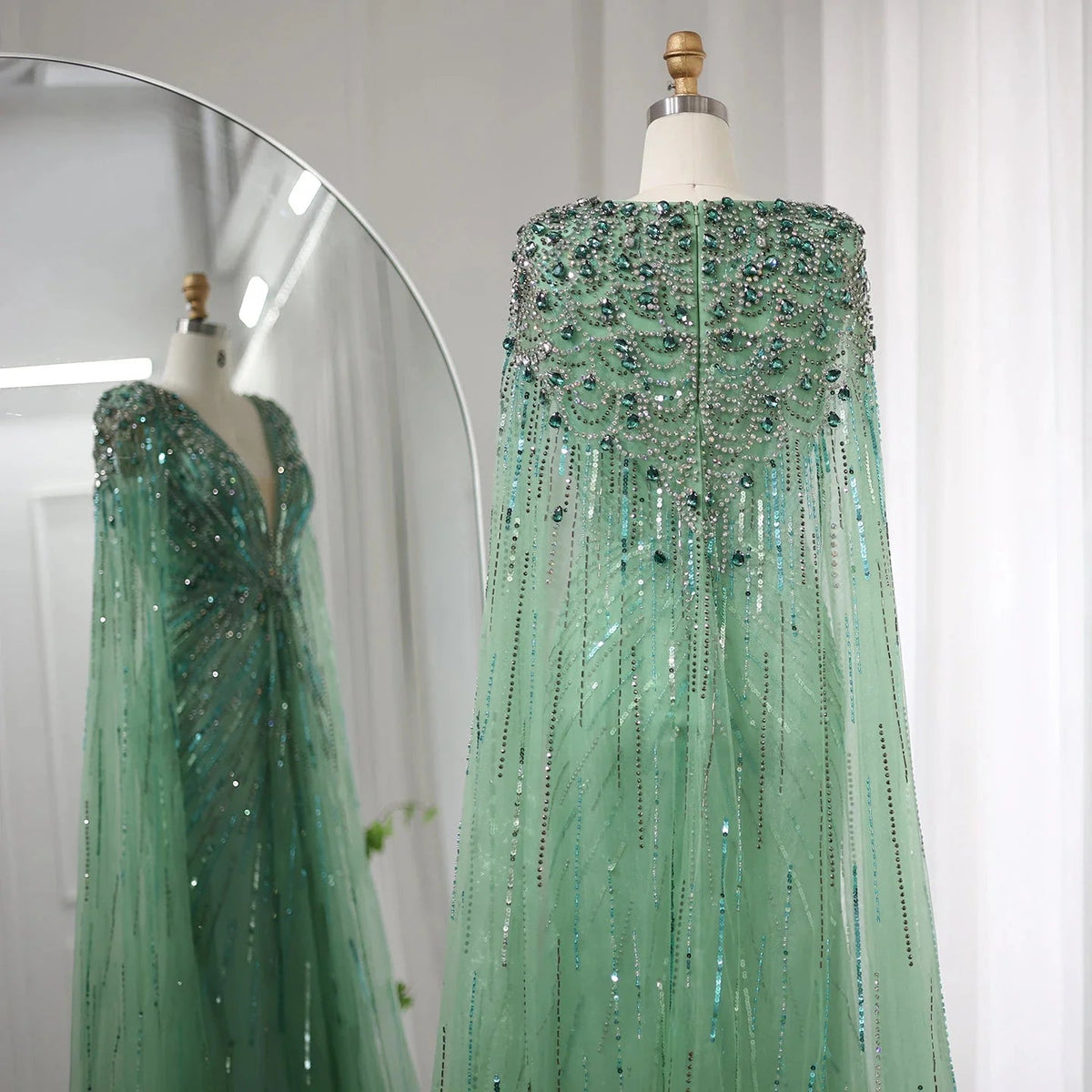 Luxury Dubai Sage Green Evening Dresses with Cape Fuchsia Crystal Gold Elegant Women Wedding Formal Party Gown SS399