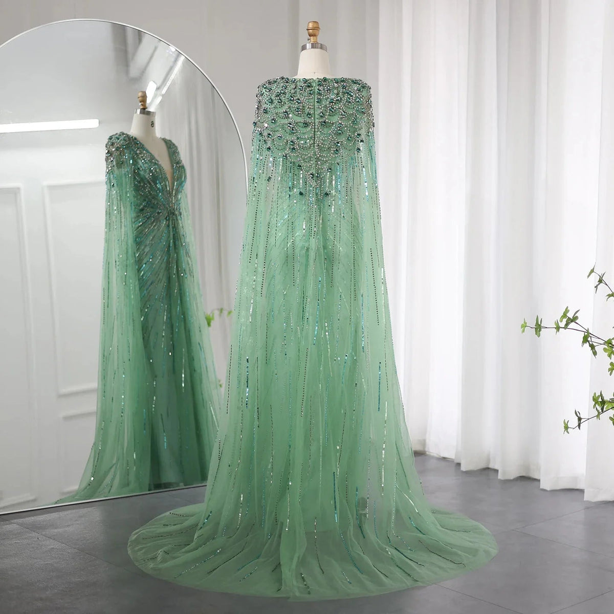 Luxury Dubai Sage Green Evening Dresses with Cape Fuchsia Crystal Gold Elegant Women Wedding Formal Party Gown SS399