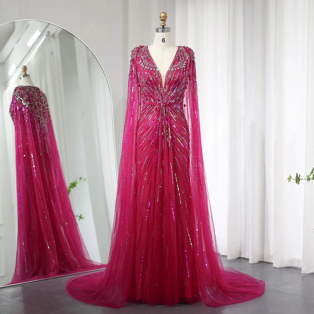 Luxury Dubai Sage Green Evening Dresses with Cape Fuchsia Crystal Gold Elegant Women Wedding Formal Party Gown SS399
