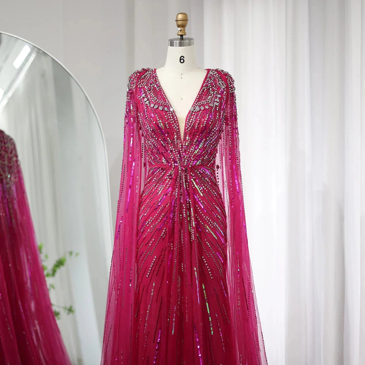 Luxury Dubai Sage Green Evening Dresses with Cape Fuchsia Crystal Gold Elegant Women Wedding Formal Party Gown SS399