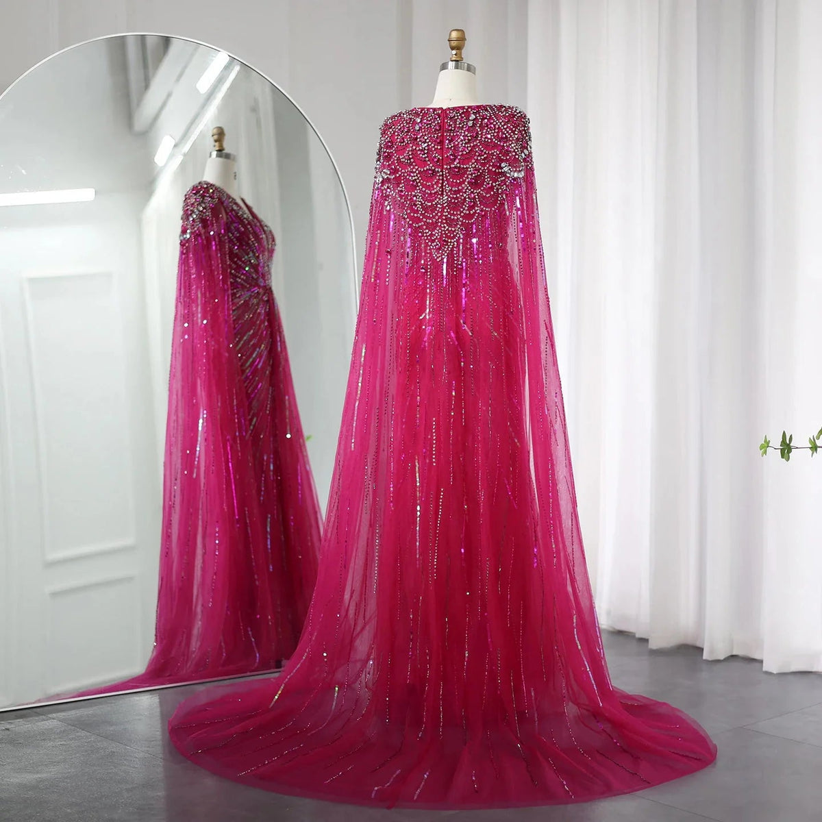 Luxury Dubai Sage Green Evening Dresses with Cape Fuchsia Crystal Gold Elegant Women Wedding Formal Party Gown SS399