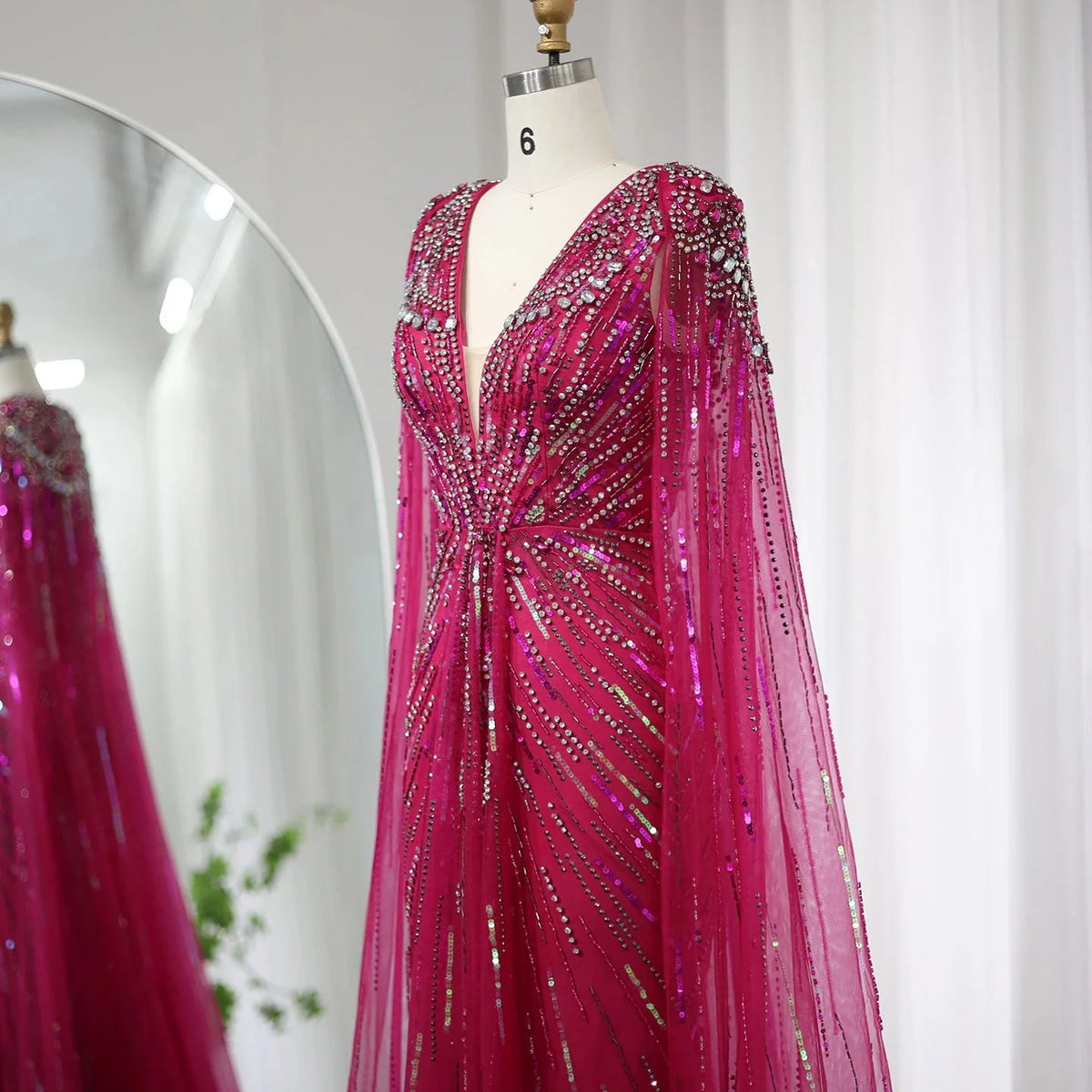 Luxury Dubai Sage Green Evening Dresses with Cape Fuchsia Crystal Gold Elegant Women Wedding Formal Party Gown SS399