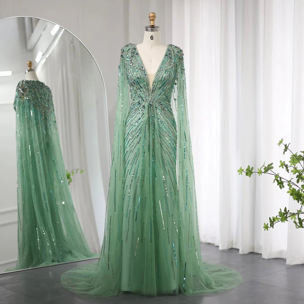 Luxury Dubai Sage Green Evening Dresses with Cape Fuchsia Crystal Gold Elegant Women Wedding Formal Party Gown SS399