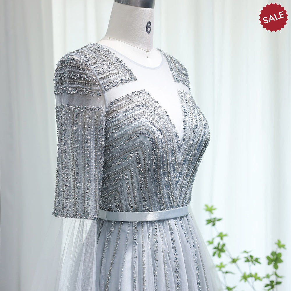 Luxury Dubai Silver Grey Evening Dresses with Cape Sleeves Arabic Champagne Muslim Wedding Formal Party Gowns SS068