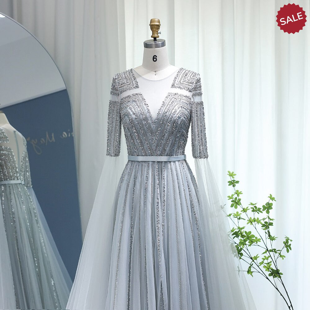 Luxury Dubai Silver Grey Evening Dresses with Cape Sleeves Arabic Champagne Muslim Wedding Formal Party Gowns SS068