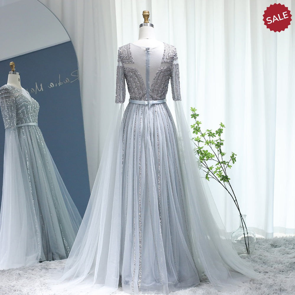 Luxury Dubai Silver Grey Evening Dresses with Cape Sleeves Arabic Champagne Muslim Wedding Formal Party Gowns SS068