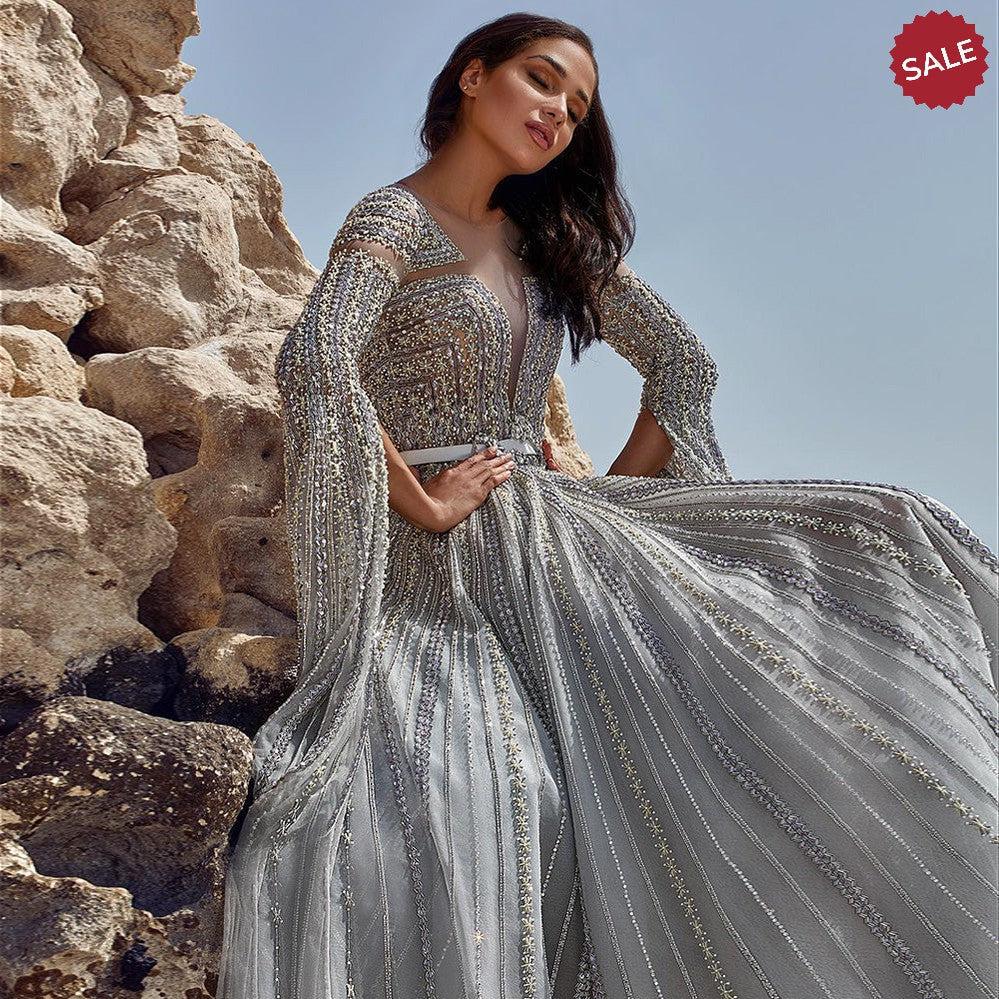Luxury Dubai Silver Grey Evening Dresses with Cape Sleeves Arabic Champagne Muslim Wedding Formal Party Gowns SS068