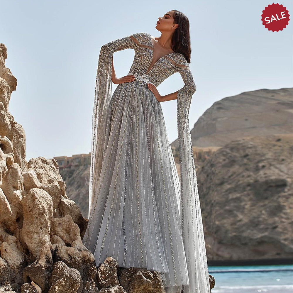 Luxury Dubai Silver Grey Evening Dresses with Cape Sleeves Arabic Champagne Muslim Wedding Formal Party Gowns SS068