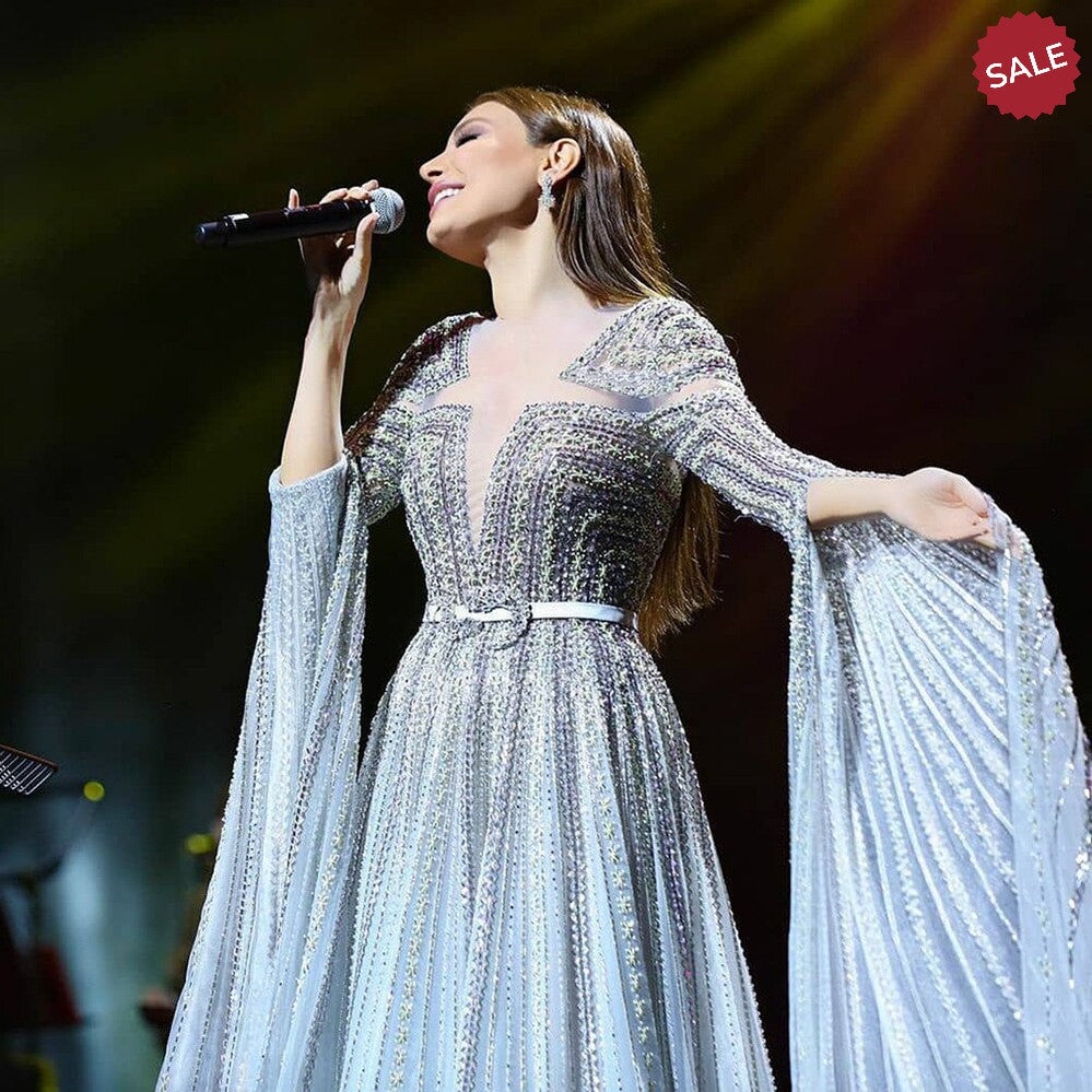 Luxury Dubai Silver Grey Evening Dresses with Cape Sleeves Arabic Champagne Muslim Wedding Formal Party Gowns SS068