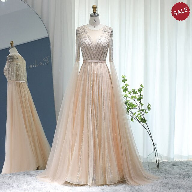 Luxury Dubai Silver Grey Evening Dresses with Cape Sleeves Arabic Champagne Muslim Wedding Formal Party Gowns SS068