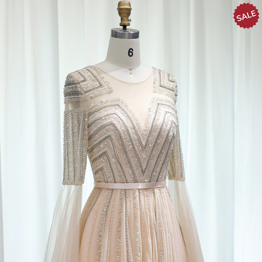 Luxury Dubai Silver Grey Evening Dresses with Cape Sleeves Arabic Champagne Muslim Wedding Formal Party Gowns SS068
