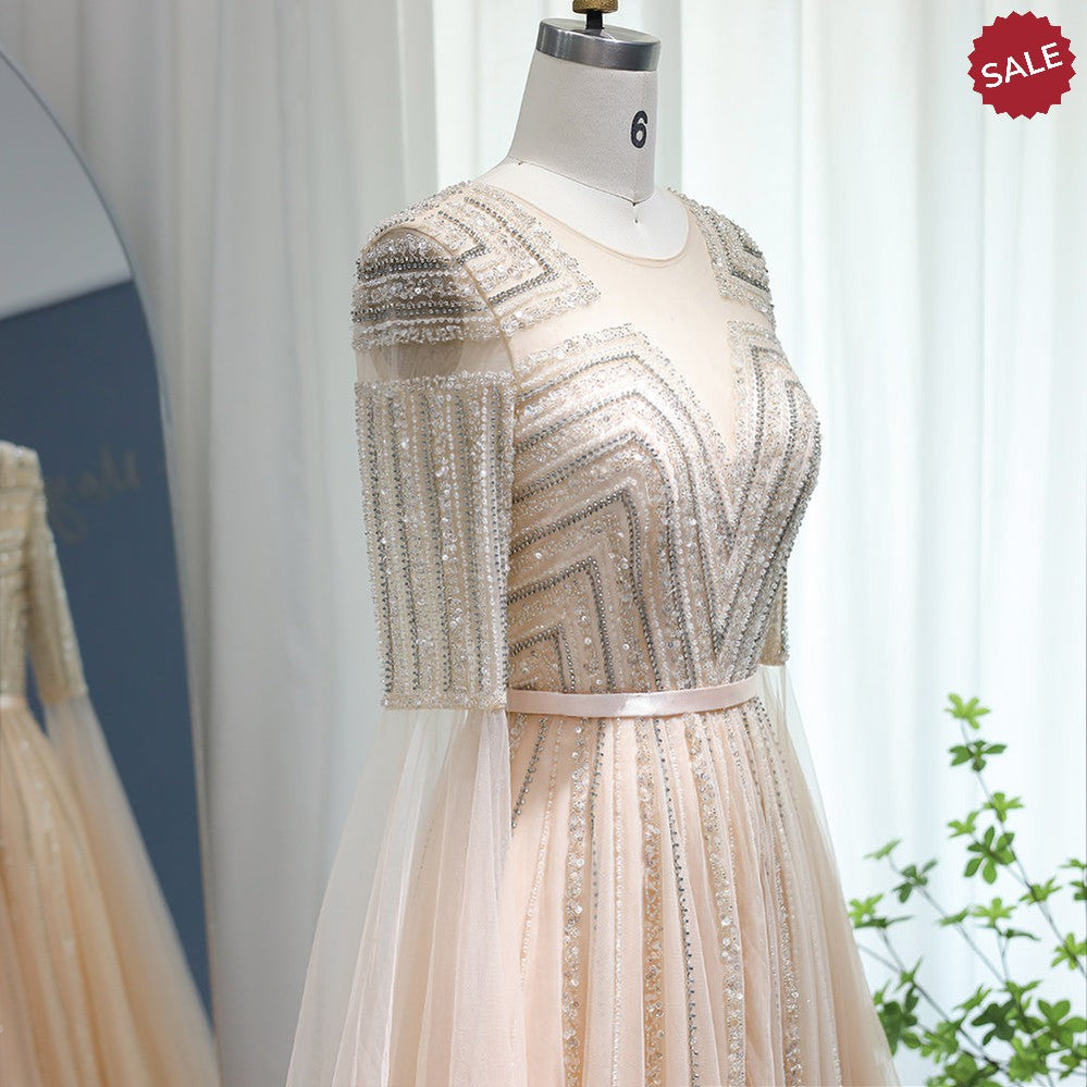 Luxury Dubai Silver Grey Evening Dresses with Cape Sleeves Arabic Champagne Muslim Wedding Formal Party Gowns SS068
