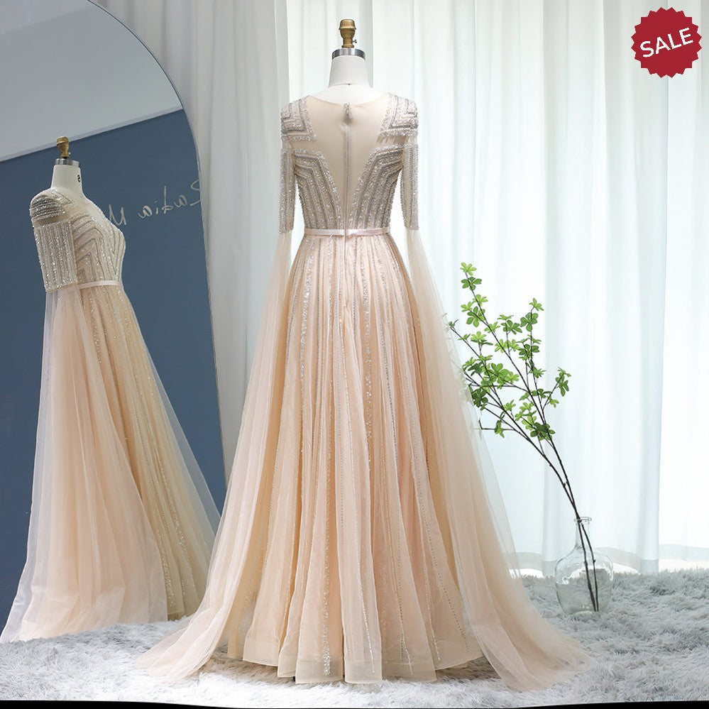 Luxury Dubai Silver Grey Evening Dresses with Cape Sleeves Arabic Champagne Muslim Wedding Formal Party Gowns SS068
