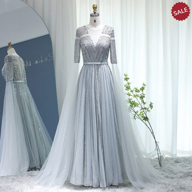 Luxury Dubai Silver Grey Evening Dresses with Cape Sleeves Arabic Champagne Muslim Wedding Formal Party Gowns SS068