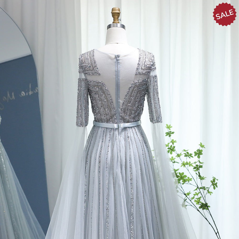 Luxury Dubai Silver Grey Evening Dresses with Cape Sleeves Arabic Champagne Muslim Wedding Formal Party Gowns SS068