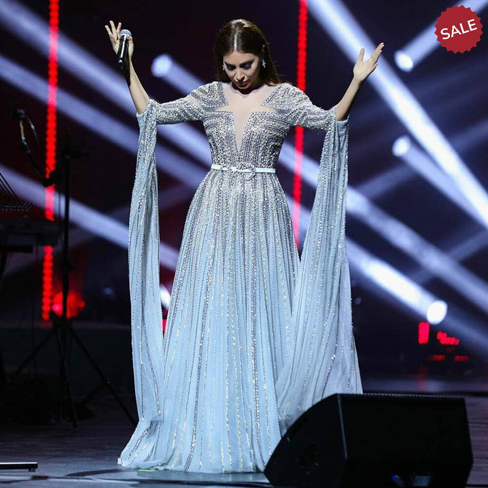 Luxury Dubai Silver Grey Evening Dresses with Cape Sleeves Arabic Champagne Muslim Wedding Formal Party Gowns SS068