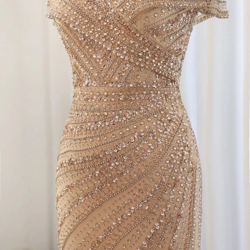 Luxury Dubai Silver Nude Mermaid Evening Dresses for Women Wedding Elegant Cap Sleeves Arab Formal Party Gowns SS045