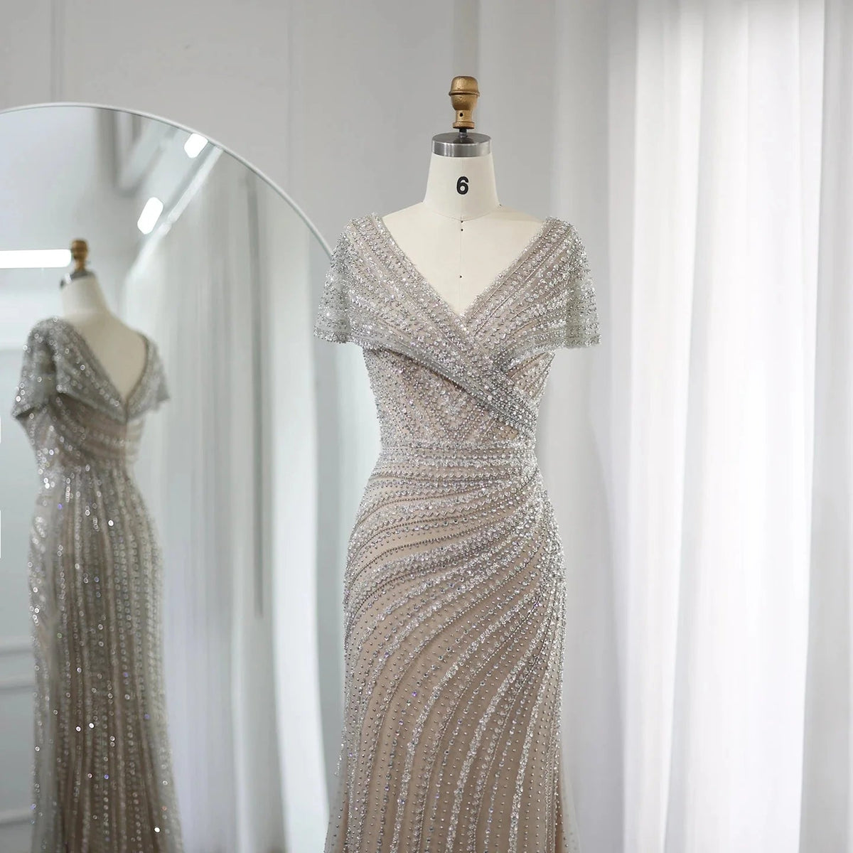Luxury Dubai Silver Nude Mermaid Evening Dresses for Women Wedding Elegant Cap Sleeves Arab Formal Party Gowns SS045