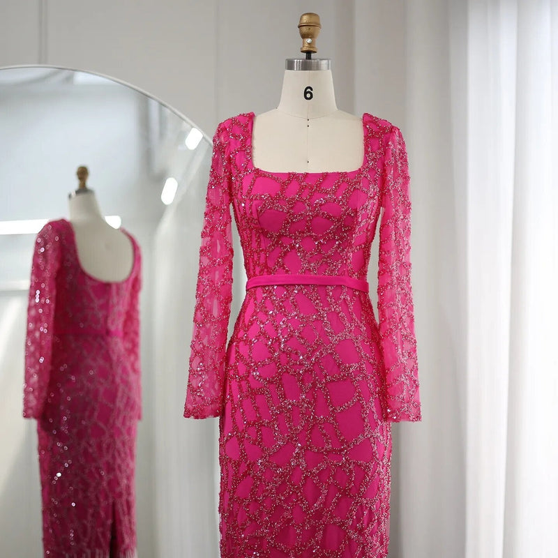 Luxury Dubai Tassel Hot Pink Evening Dresses for Women Elegant Long Sleeves Fuchsia Arabic Wedding Party Gowns SS347