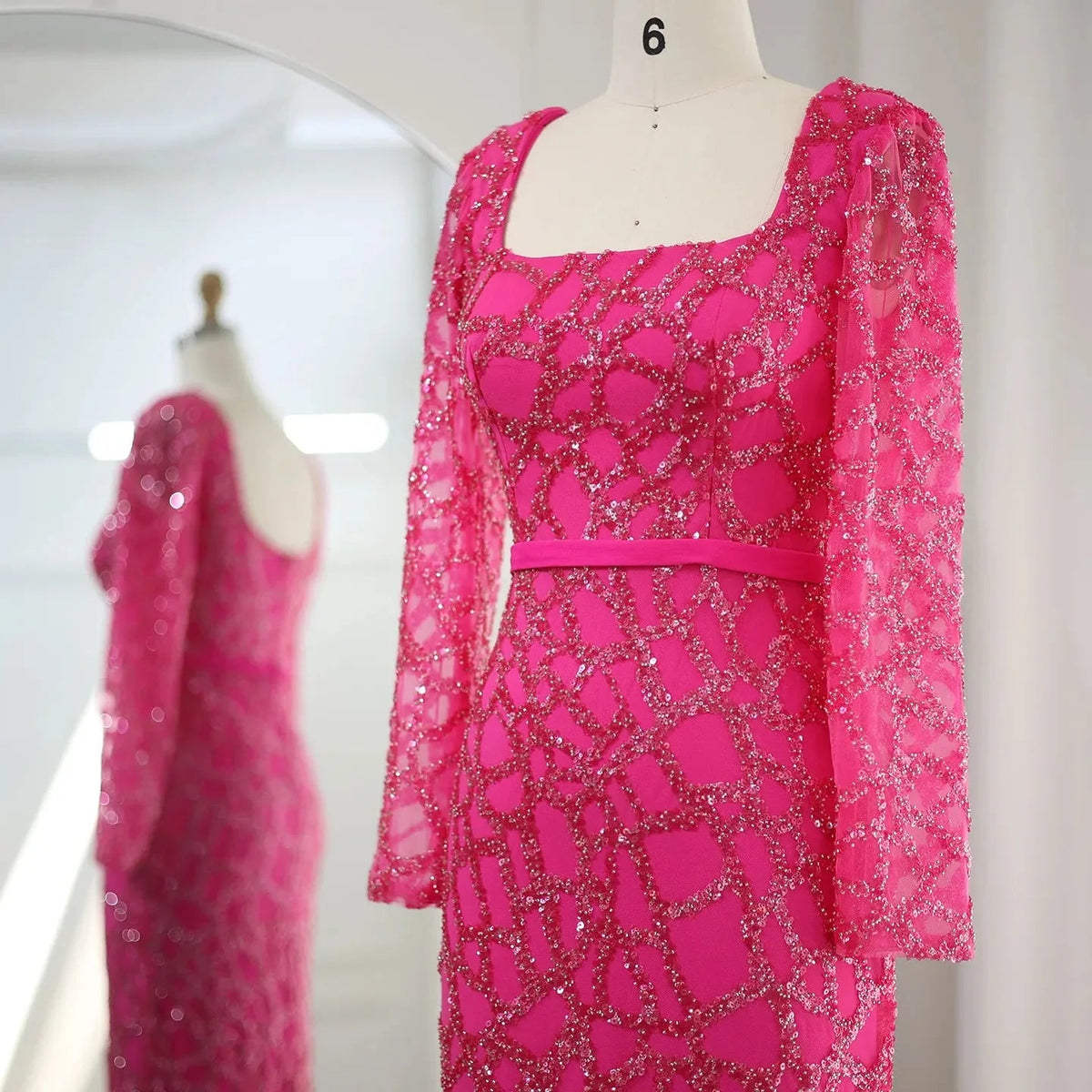 Luxury Dubai Tassel Hot Pink Evening Dresses for Women Elegant Long Sleeves Fuchsia Arabic Wedding Party Gowns SS347