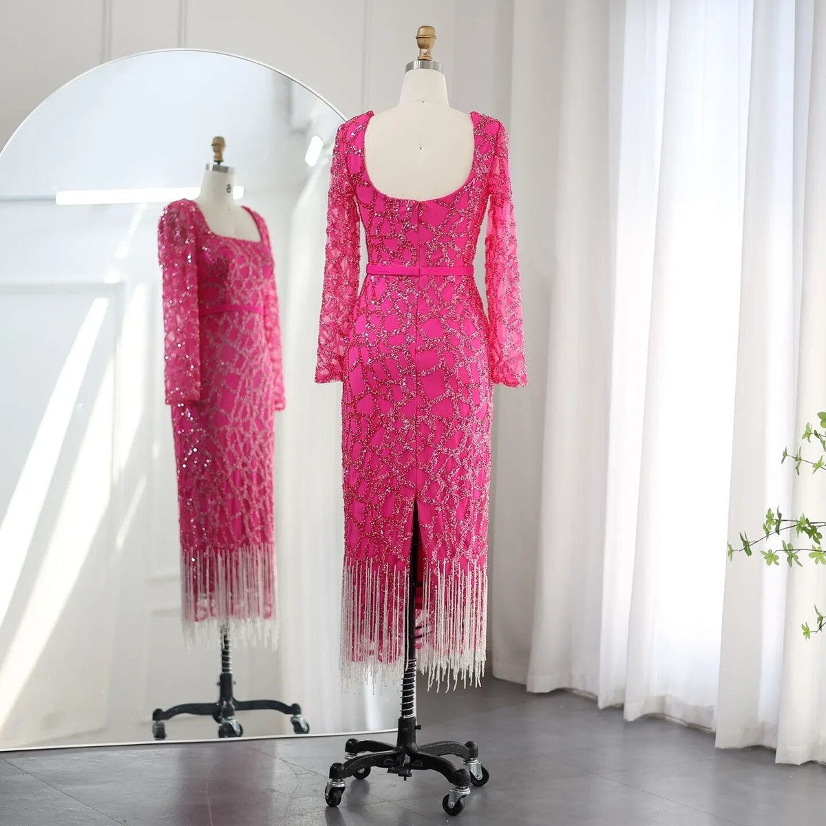 Luxury Dubai Tassel Hot Pink Evening Dresses for Women Elegant Long Sleeves Fuchsia Arabic Wedding Party Gowns SS347