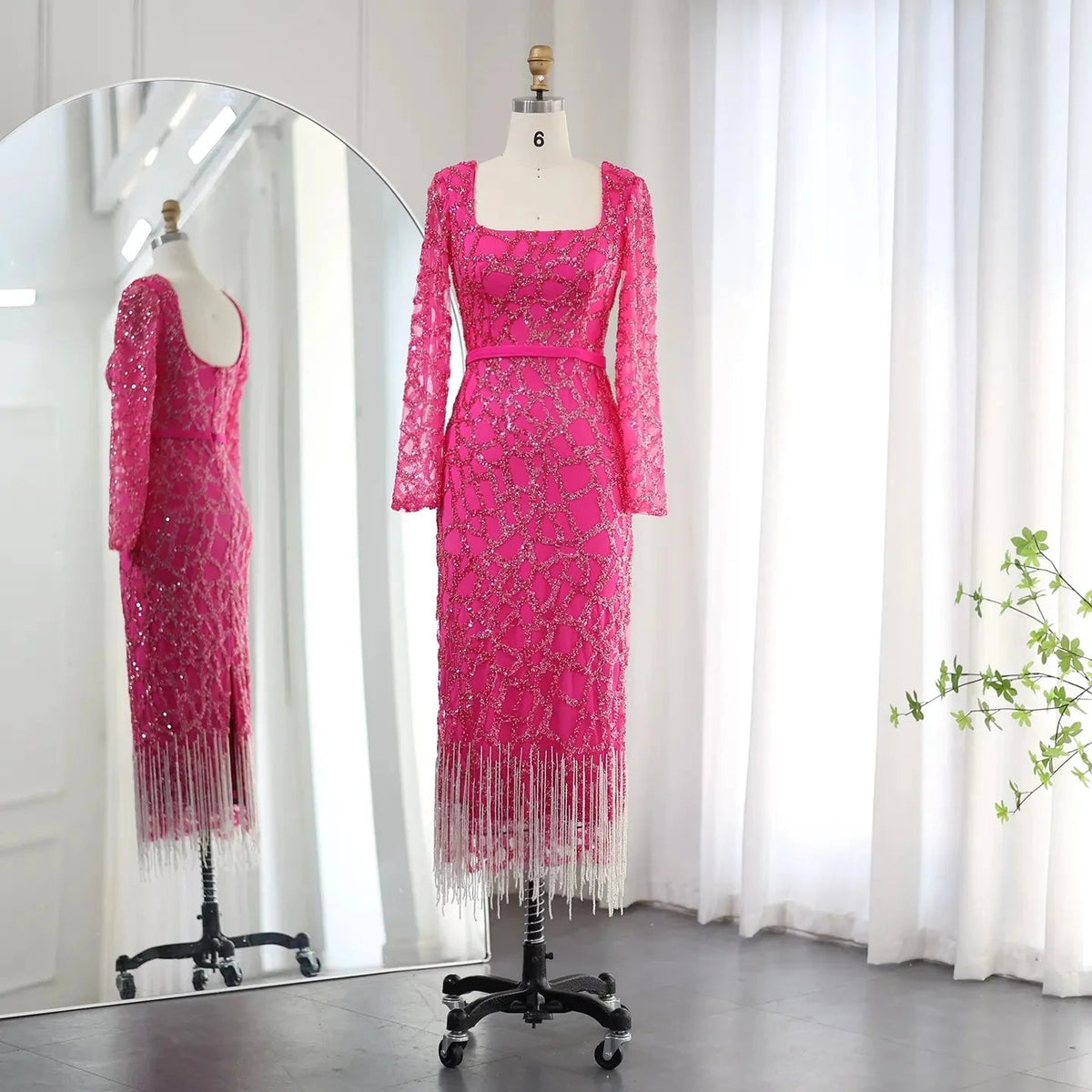 Luxury Dubai Tassel Hot Pink Evening Dresses for Women Elegant Long Sleeves Fuchsia Arabic Wedding Party Gowns SS347