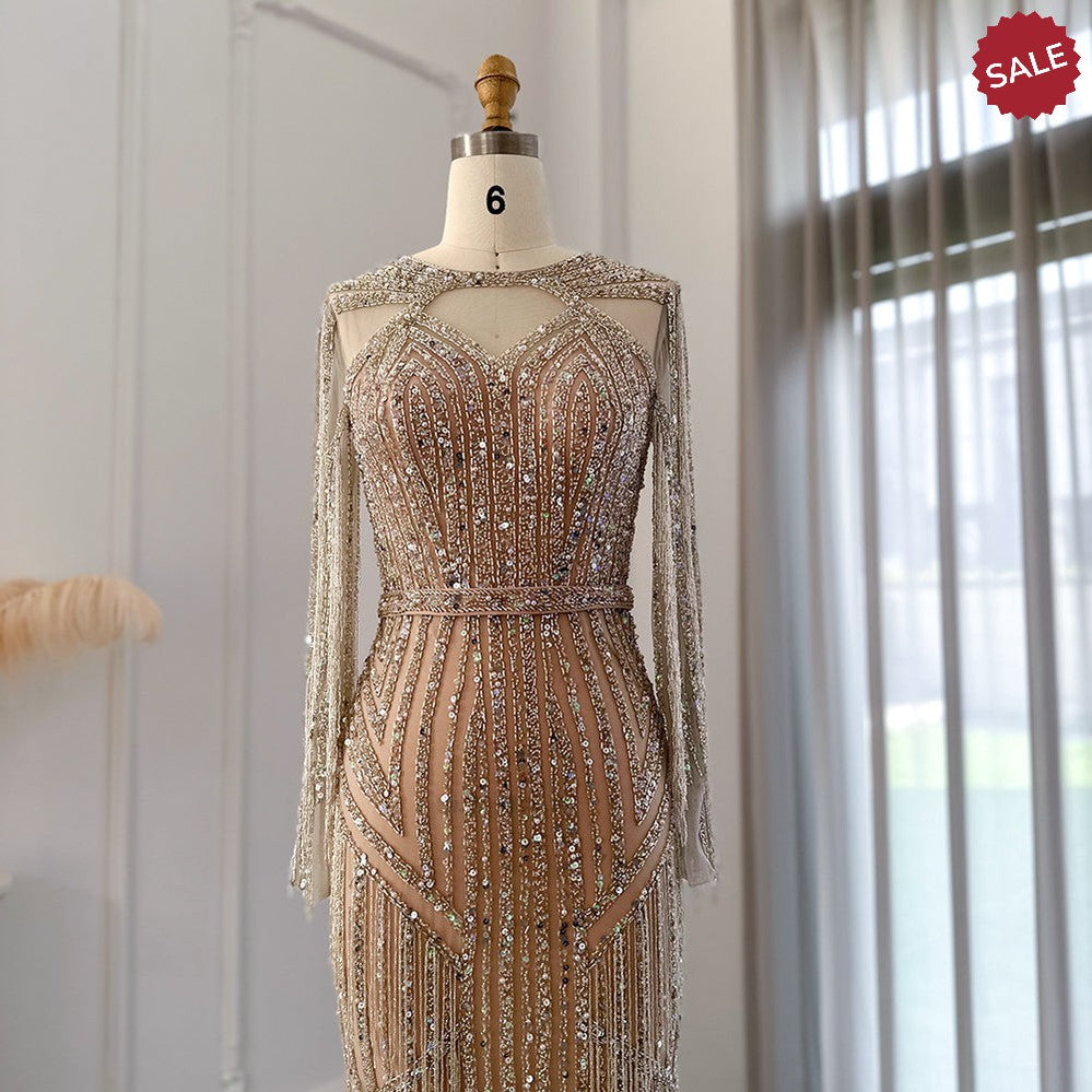 Luxury Dubai Tassel Silver Nude Mermaid Evening Dress for Women Wedding Party Long Sleeve African Prom Dresses SS214