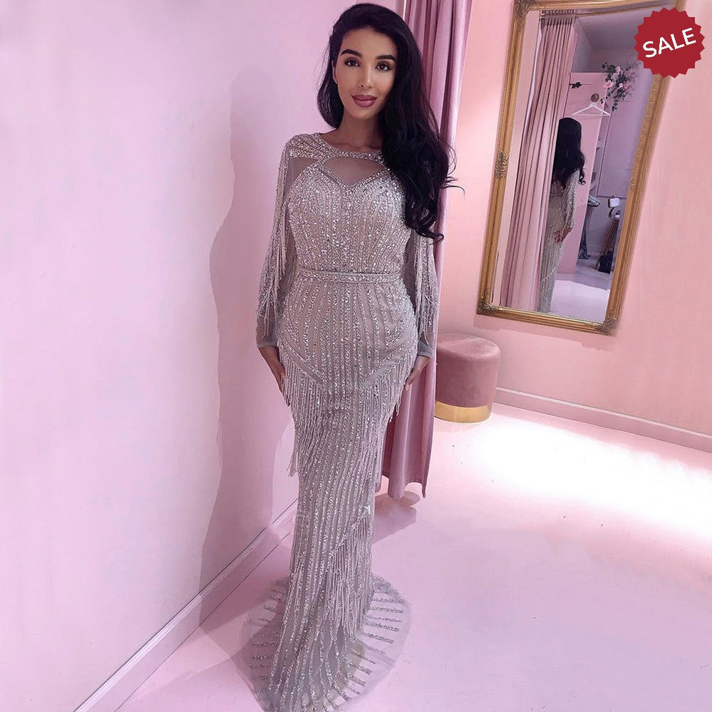 Luxury Dubai Tassel Silver Nude Mermaid Evening Dress for Women Wedding Party Long Sleeve African Prom Dresses SS214