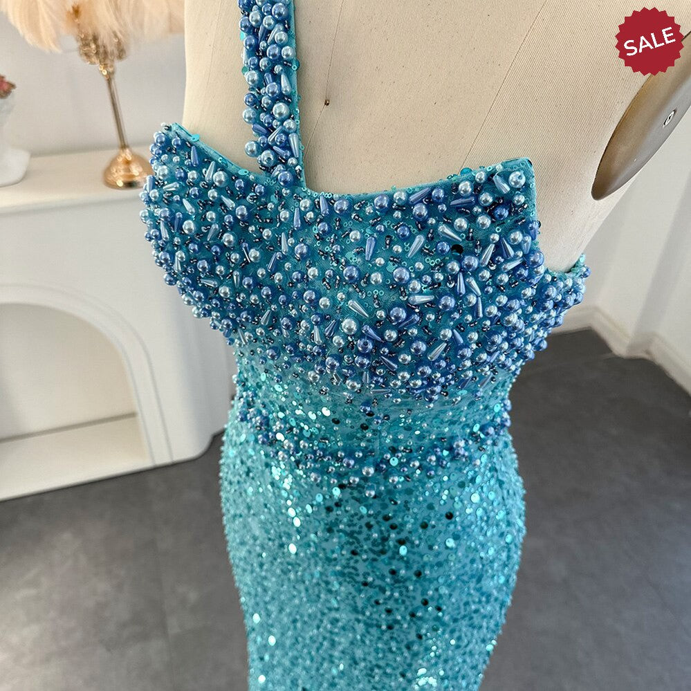 Luxury Dubai Turquoise Blue Mermaid Evening Dresses for Women Wedding One Shoulder Arabic Formal Party Gowns SS336