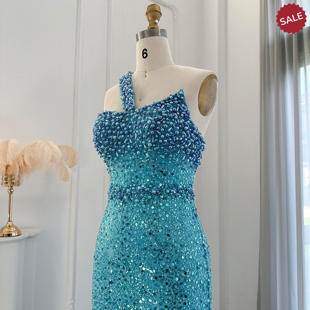 Luxury Dubai Turquoise Blue Mermaid Evening Dresses for Women Wedding One Shoulder Arabic Formal Party Gowns SS336
