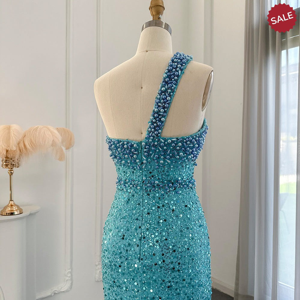 Luxury Dubai Turquoise Blue Mermaid Evening Dresses for Women Wedding One Shoulder Arabic Formal Party Gowns SS336