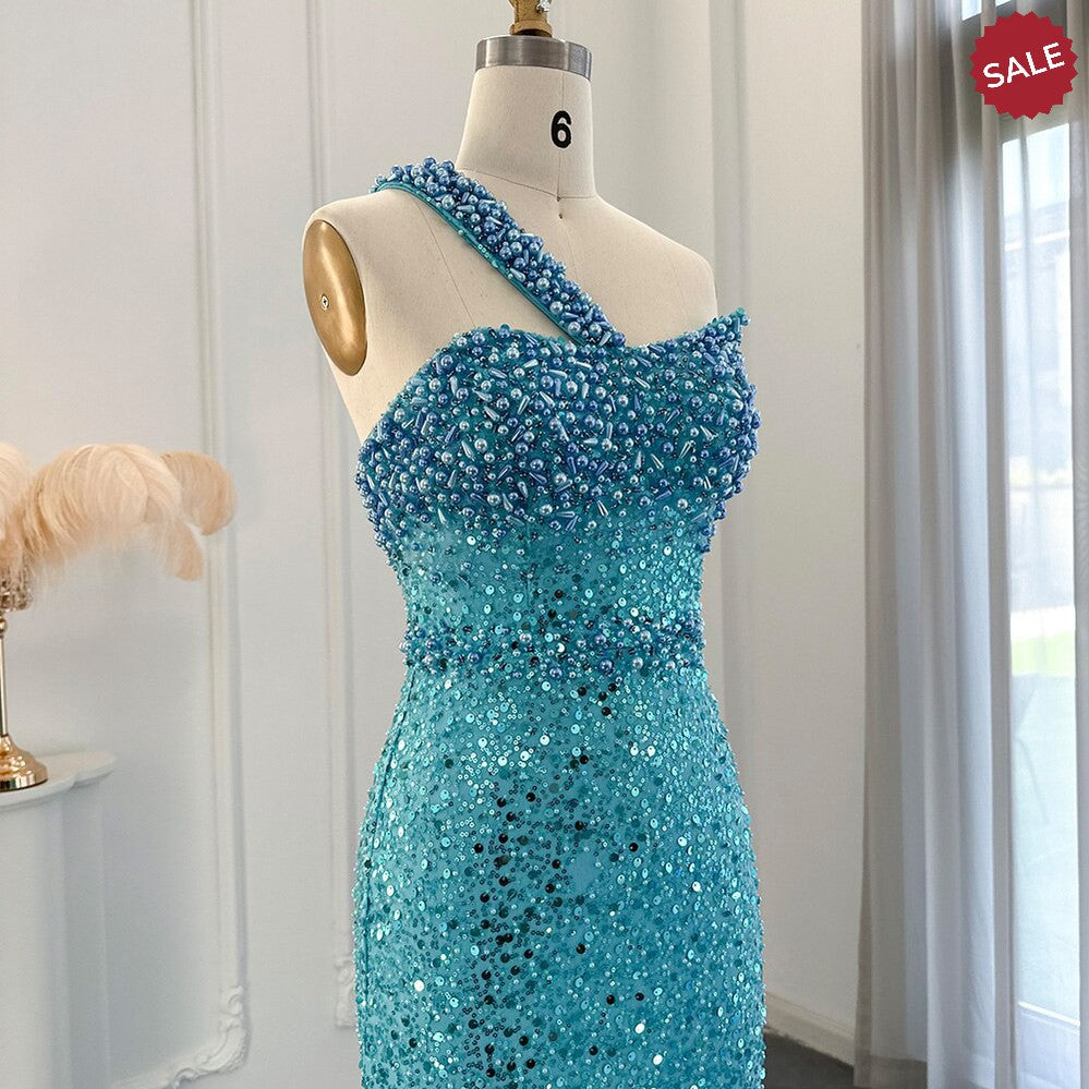 Luxury Dubai Turquoise Blue Mermaid Evening Dresses for Women Wedding One Shoulder Arabic Formal Party Gowns SS336