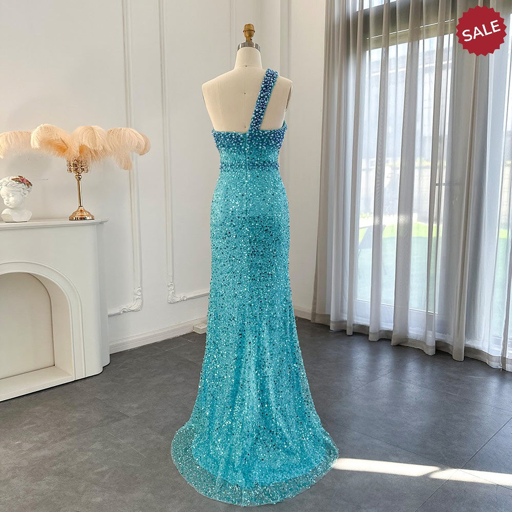 Luxury Dubai Turquoise Blue Mermaid Evening Dresses for Women Wedding One Shoulder Arabic Formal Party Gowns SS336