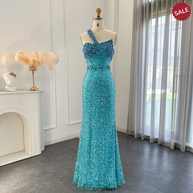 Luxury Dubai Turquoise Blue Mermaid Evening Dresses for Women Wedding One Shoulder Arabic Formal Party Gowns SS336