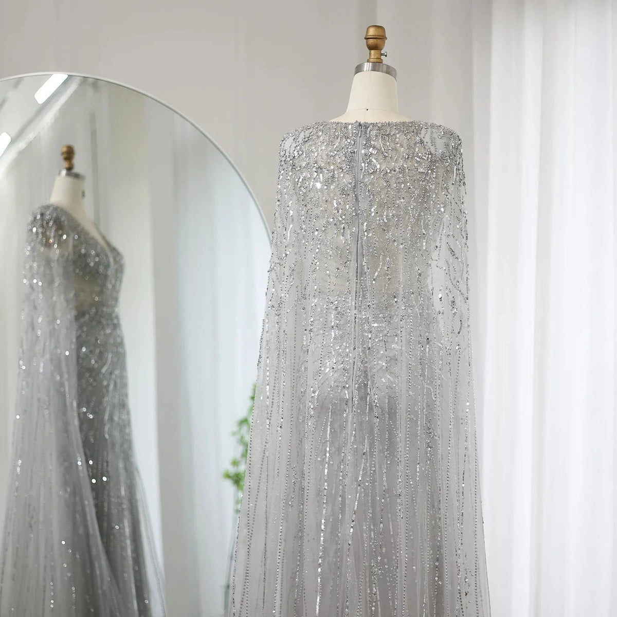 Luxury Dubai Turquoise Mermaid Evening Dresses with Cape V-Neck Arabic Silver Grey Wedding Formal Party Gowns SS397