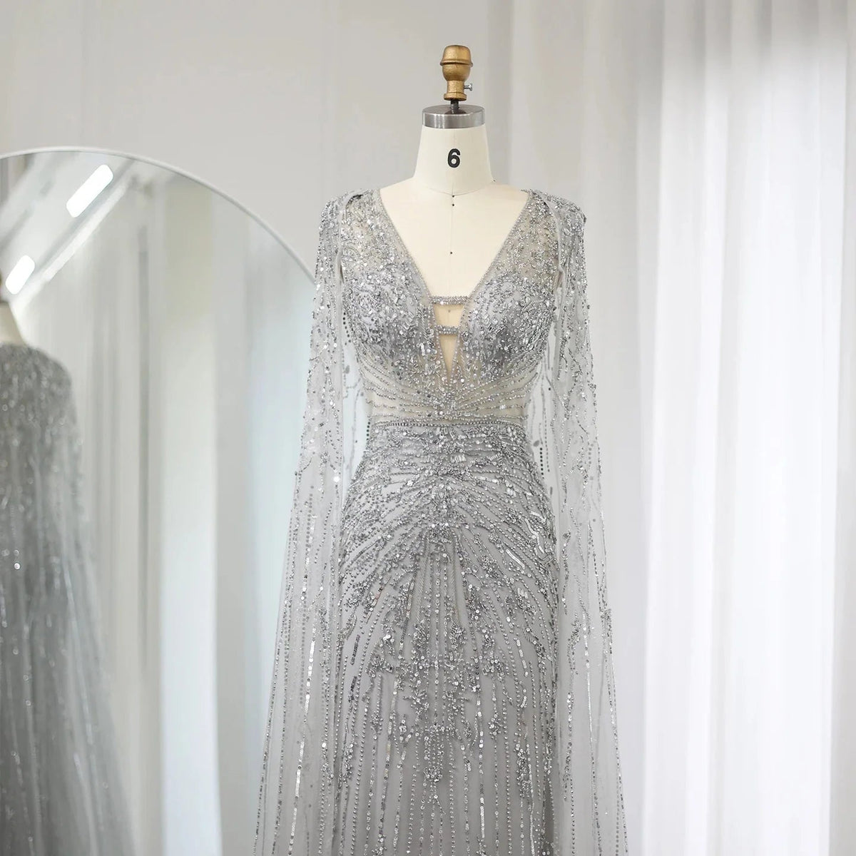 Luxury Dubai Turquoise Mermaid Evening Dresses with Cape V-Neck Arabic Silver Grey Wedding Formal Party Gowns SS397