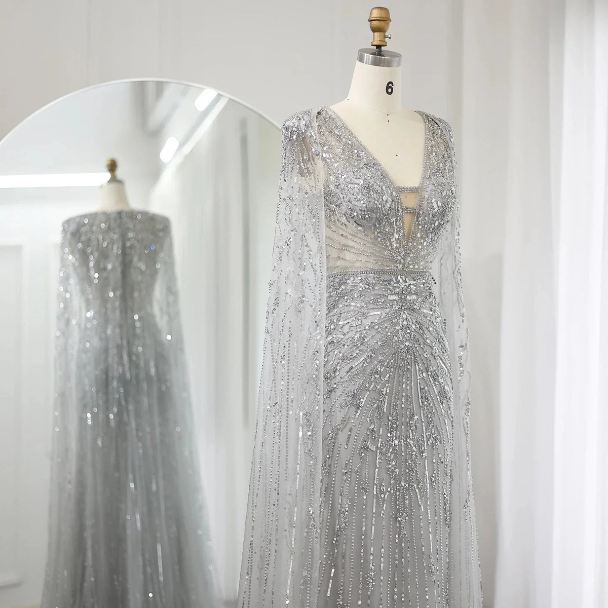 Luxury Dubai Turquoise Mermaid Evening Dresses with Cape V-Neck Arabic Silver Grey Wedding Formal Party Gowns SS397