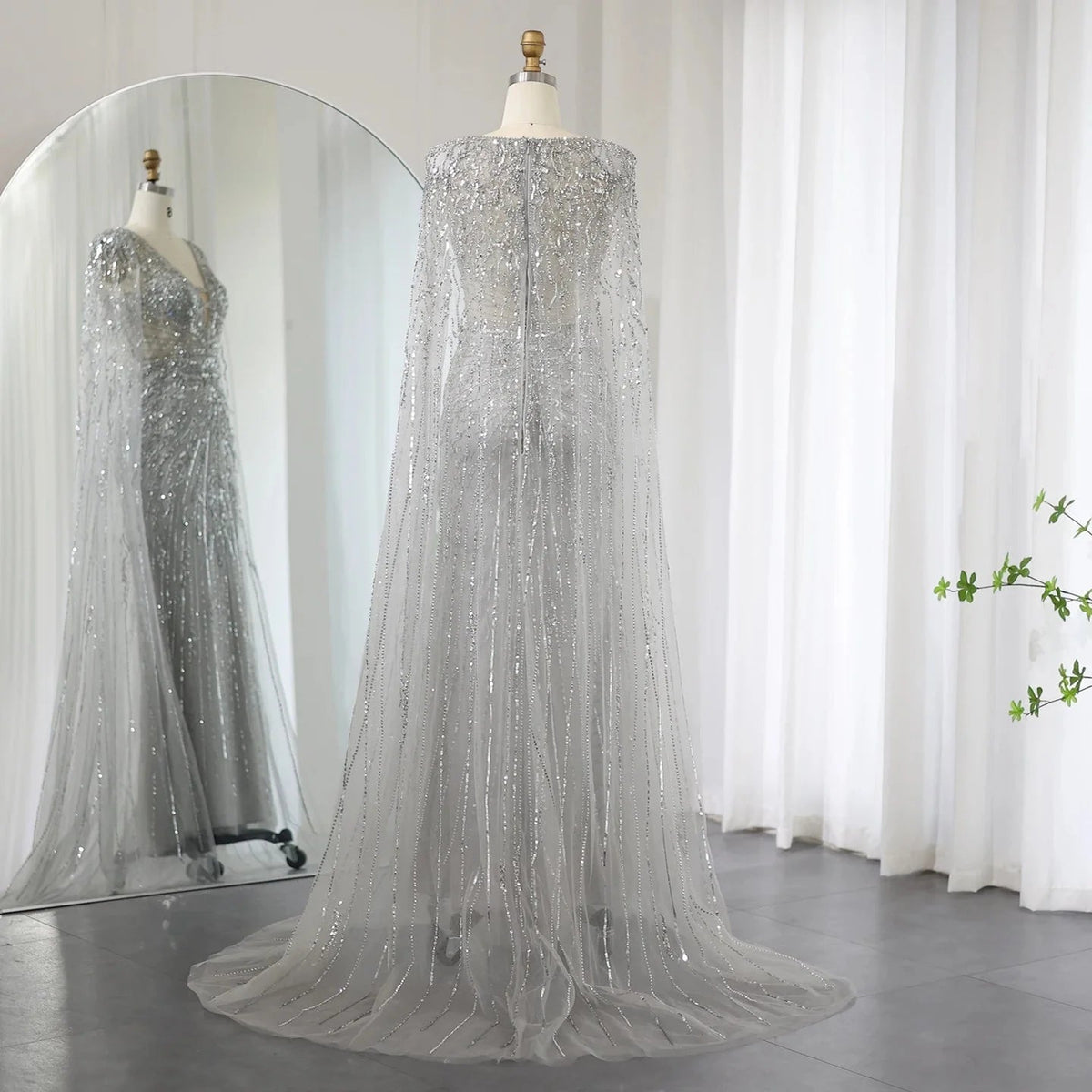 Luxury Dubai Turquoise Mermaid Evening Dresses with Cape V-Neck Arabic Silver Grey Wedding Formal Party Gowns SS397