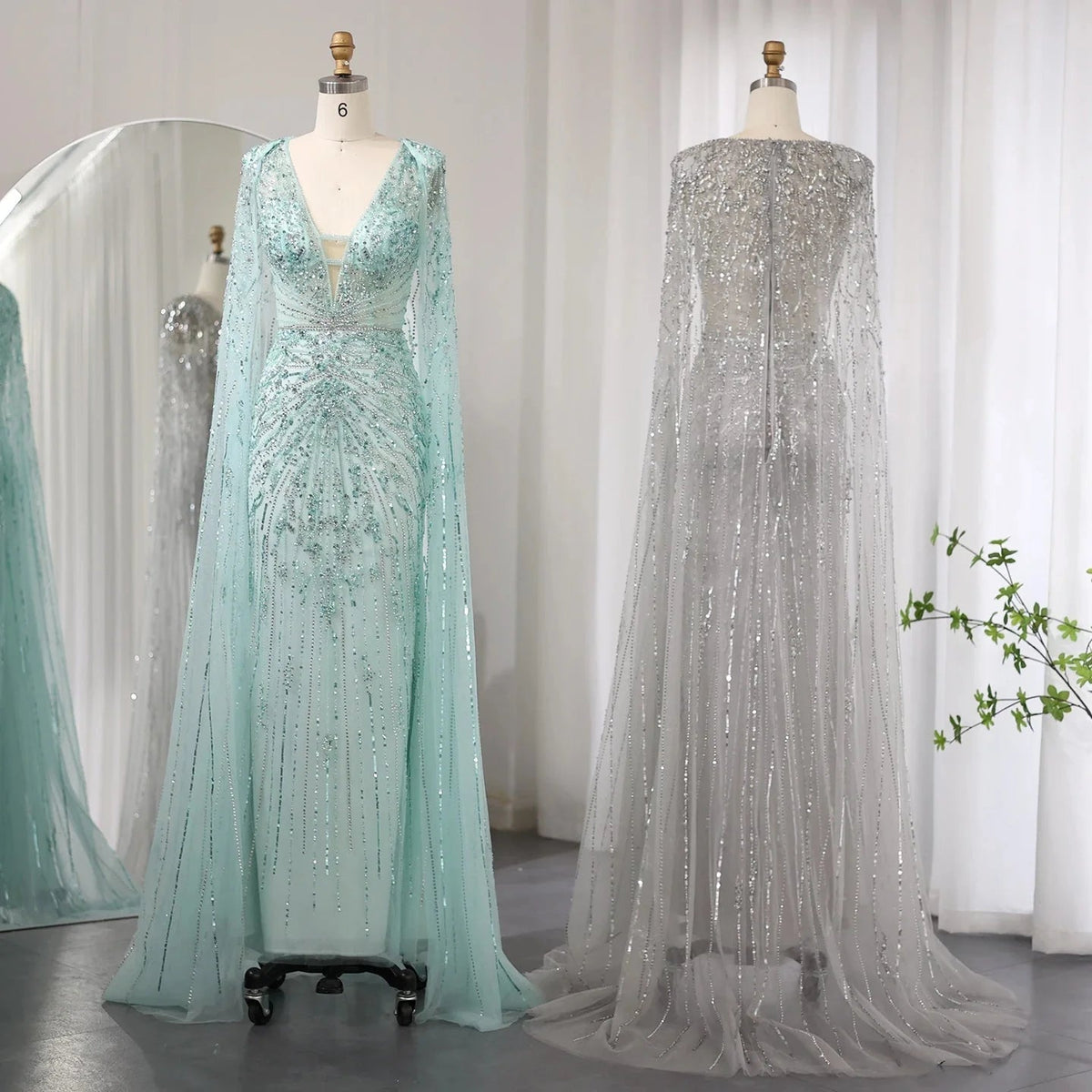Luxury Dubai Turquoise Mermaid Evening Dresses with Cape V-Neck Arabic Silver Grey Wedding Formal Party Gowns SS397