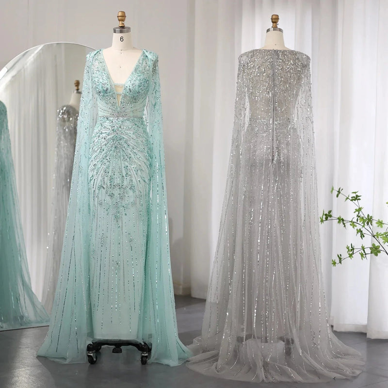 Luxury Dubai Turquoise Mermaid Evening Dresses with Cape V-Neck Arabic Silver Grey Wedding Formal Party Gowns SS397