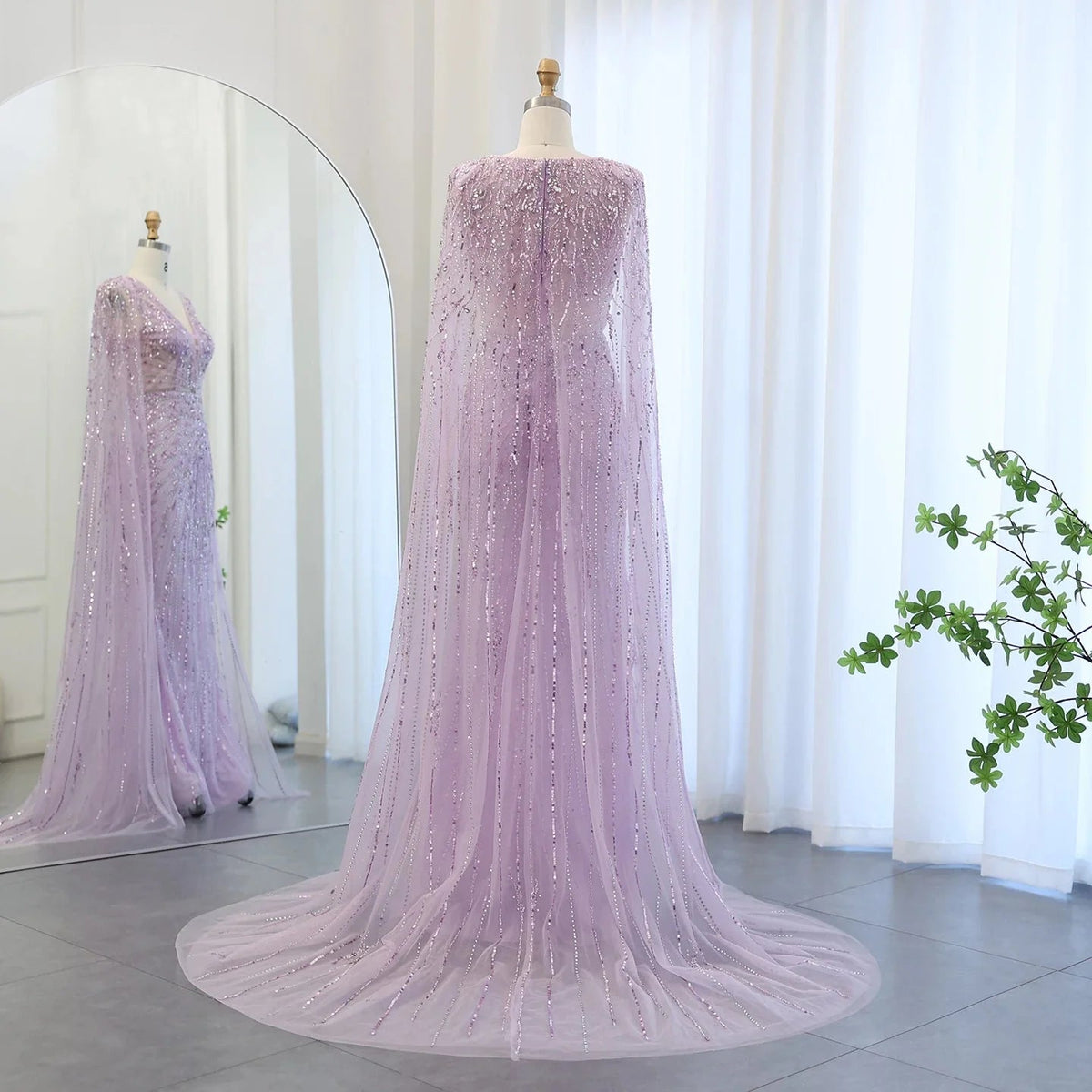 Luxury Dubai Turquoise Mermaid Evening Dresses with Cape V-Neck Arabic Silver Grey Wedding Formal Party Gowns SS397