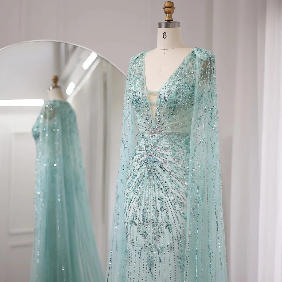 Luxury Dubai Turquoise Mermaid Evening Dresses with Cape V-Neck Arabic Silver Grey Wedding Formal Party Gowns SS397