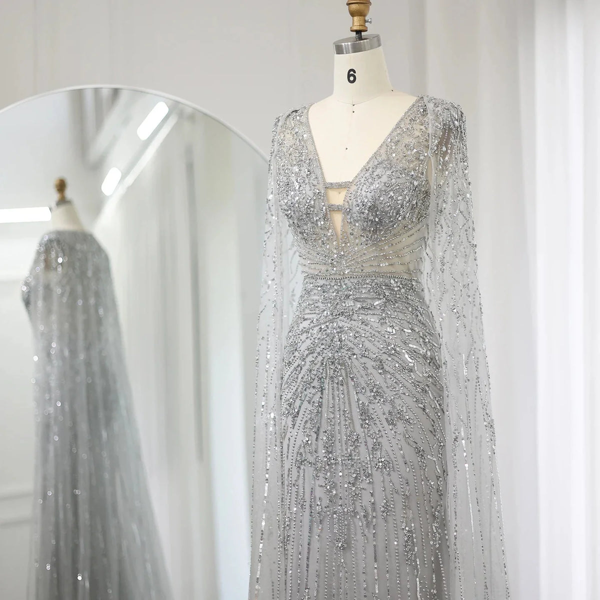 Luxury Dubai Turquoise Mermaid Evening Dresses with Cape V-Neck Arabic Silver Grey Wedding Formal Party Gowns SS397