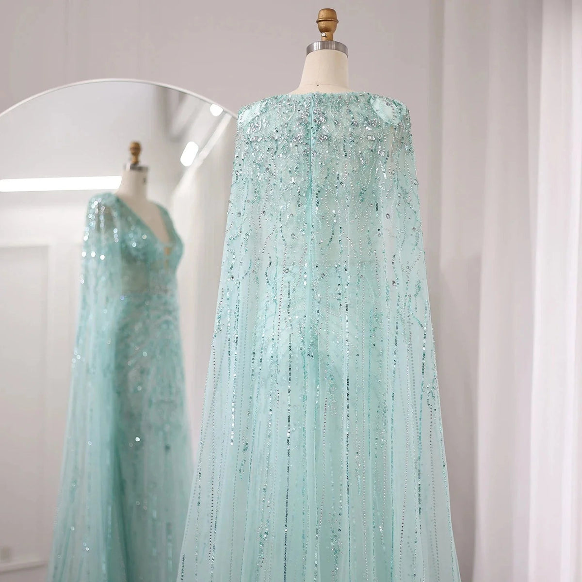 Luxury Dubai Turquoise Mermaid Evening Dresses with Cape V-Neck Arabic Silver Grey Wedding Formal Party Gowns SS397