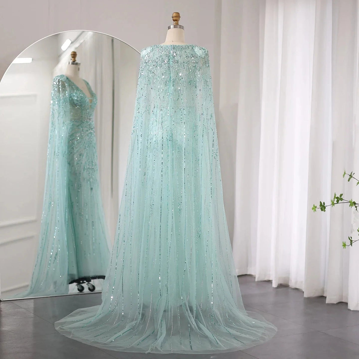 Luxury Dubai Turquoise Mermaid Evening Dresses with Cape V-Neck Arabic Silver Grey Wedding Formal Party Gowns SS397