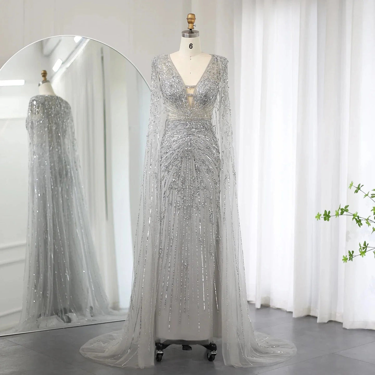 Luxury Dubai Turquoise Mermaid Evening Dresses with Cape V-Neck Arabic Silver Grey Wedding Formal Party Gowns SS397